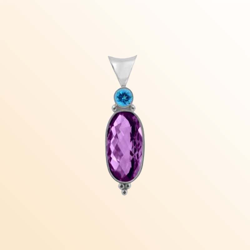 Balinese Sterling Silver Pendant With Amethyst Quartz And Blue Topaz Quartz In Oval Design.