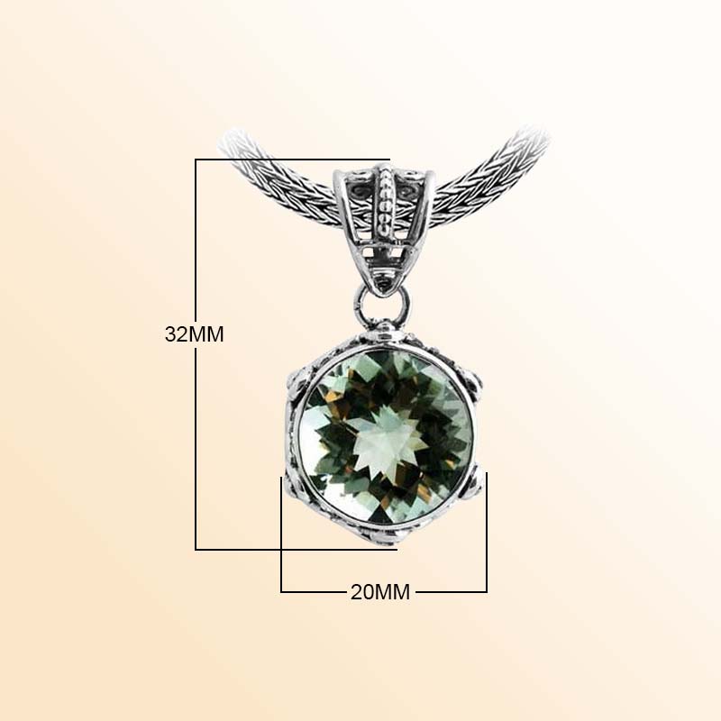 Balinese Sterling Silver Pendant With Green Amethyst Quartz And Sculpted Round Bezel.