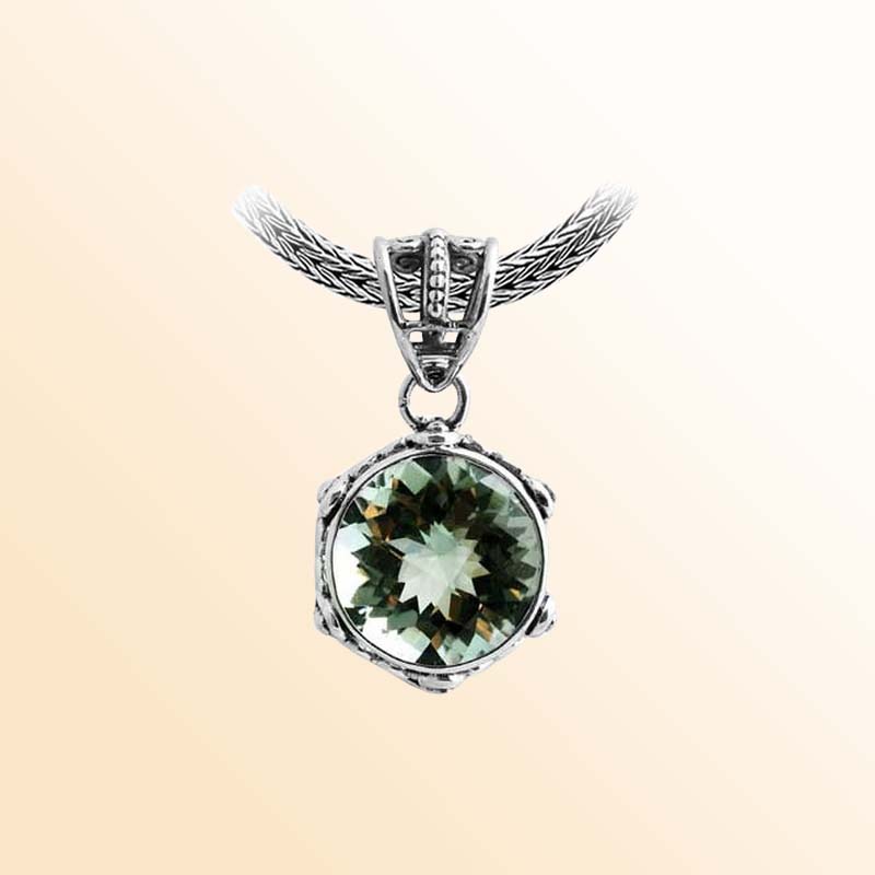 Balinese Sterling Silver Pendant With Green Amethyst Quartz And Sculpted Round Bezel.