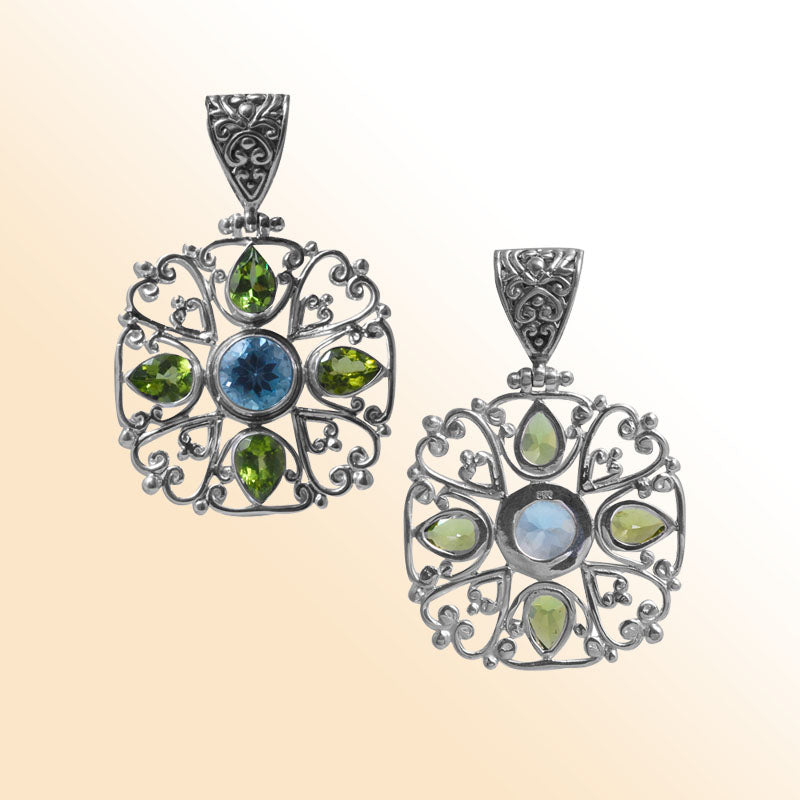Balinese Sterling Silver Blue Topaz Quartz And Peridot Quartz Floral Pendant.