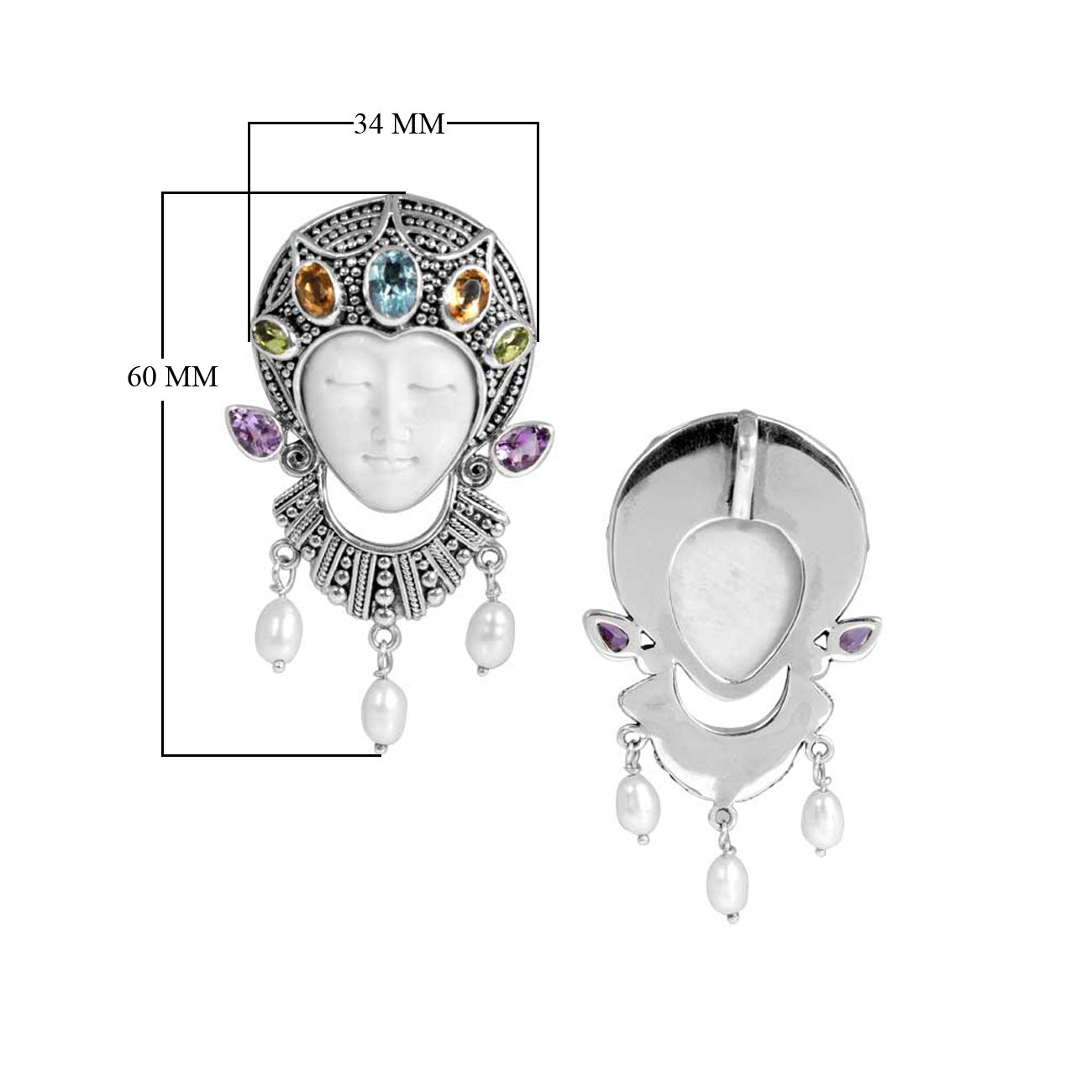 Balinese Sterling Silver Multi Stone Bone Face Pendant With Amethyst Quartz Blue Topaz Quartz Peridot Quartz Citrine Quartz And Mabe Pearl.