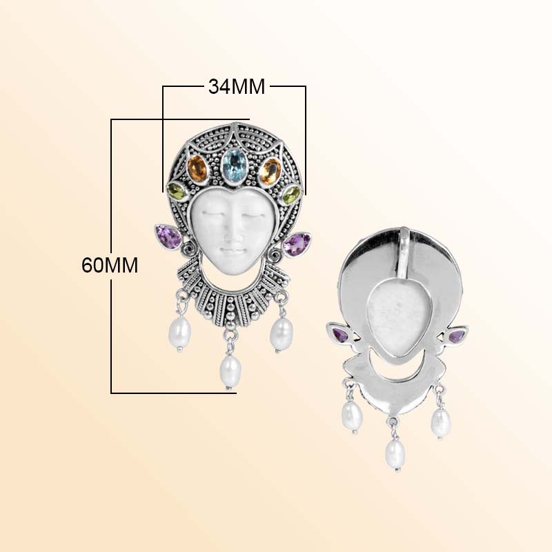 Balinese Sterling Silver Multi Stone Bone Face Pendant With Amethyst Quartz Blue Topaz Quartz Peridot Quartz Citrine Quartz And Mabe Pearl.