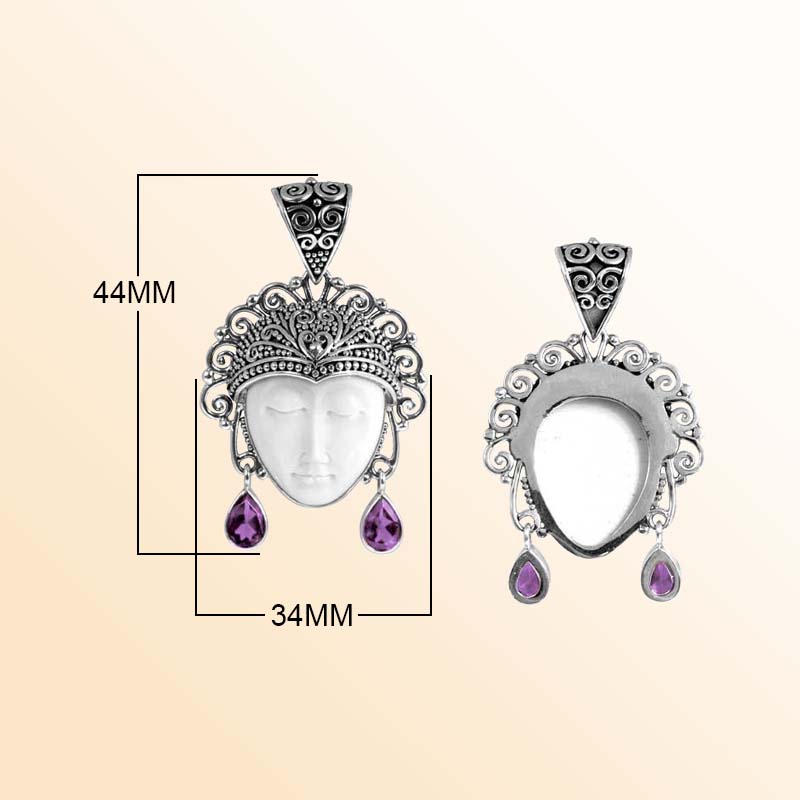 Balinese Sterling Silver Amethyst Quartz Bone Face Pendant With Artistic Filigree Design.