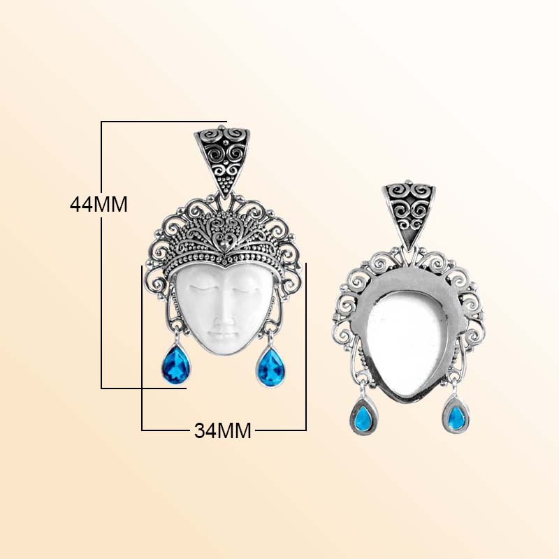 Balinese Sterling Silver Blue Topaz Quartz Bone Face Pendant With Artistic Filigree Design.