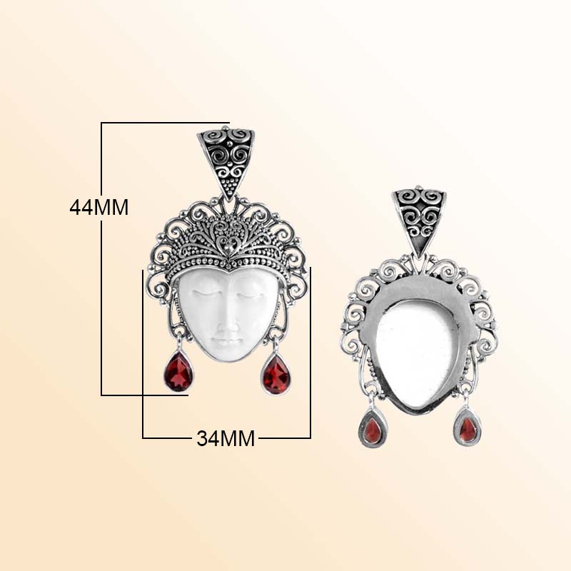 Balinese Sterling Silver Garnet Quartz Bone Face Pendant With Artistic Filigree Design.