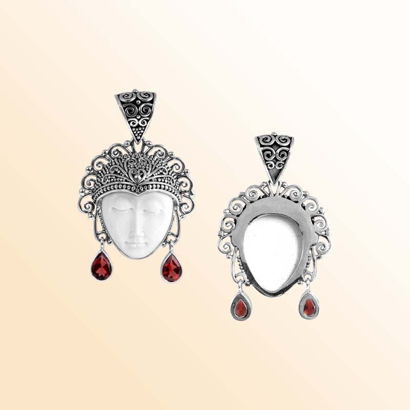 Balinese Sterling Silver Garnet Quartz Bone Face Pendant With Artistic Filigree Design.