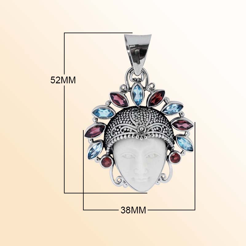 Balinese Sterling Silver Blue Topaz Quartz Garnet Quartz Bone Face Pendant With Artistic Headdress.