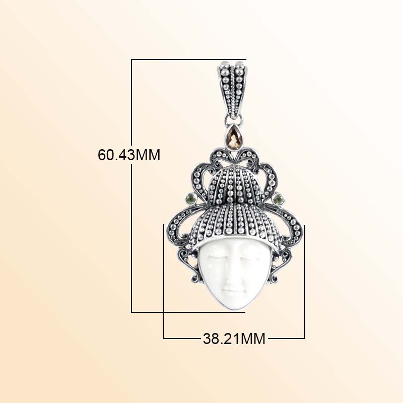 Balinese Sterling Silver Citrine Quartz Peridot Quartz Bone Face Pendant With Artistic Crown.