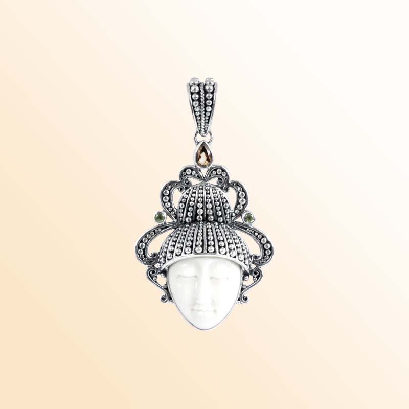 Balinese Sterling Silver Citrine Quartz Peridot Quartz Bone Face Pendant With Artistic Crown.