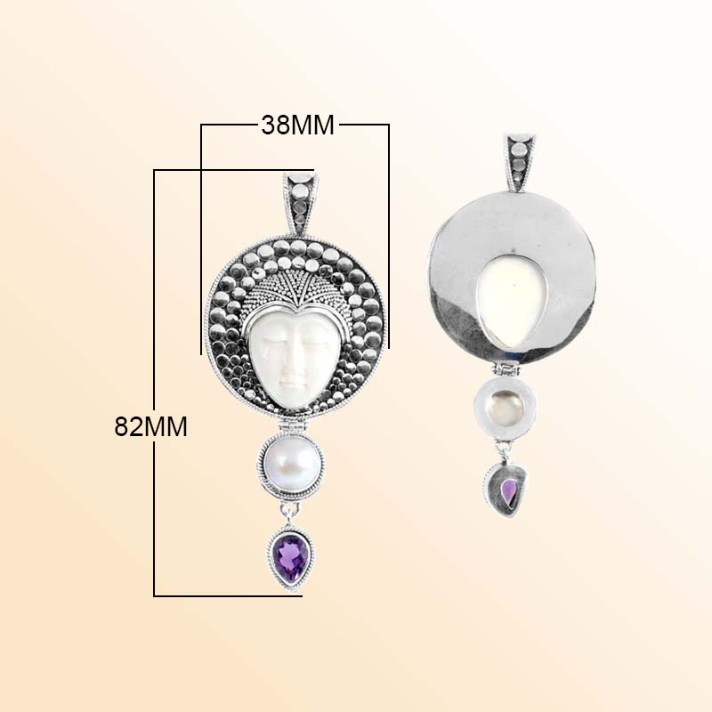 Balinese Sterling Silver Fresh Water Pearl Amethyst Quartz Bone Pendant With Artistic Sunburst Detail.