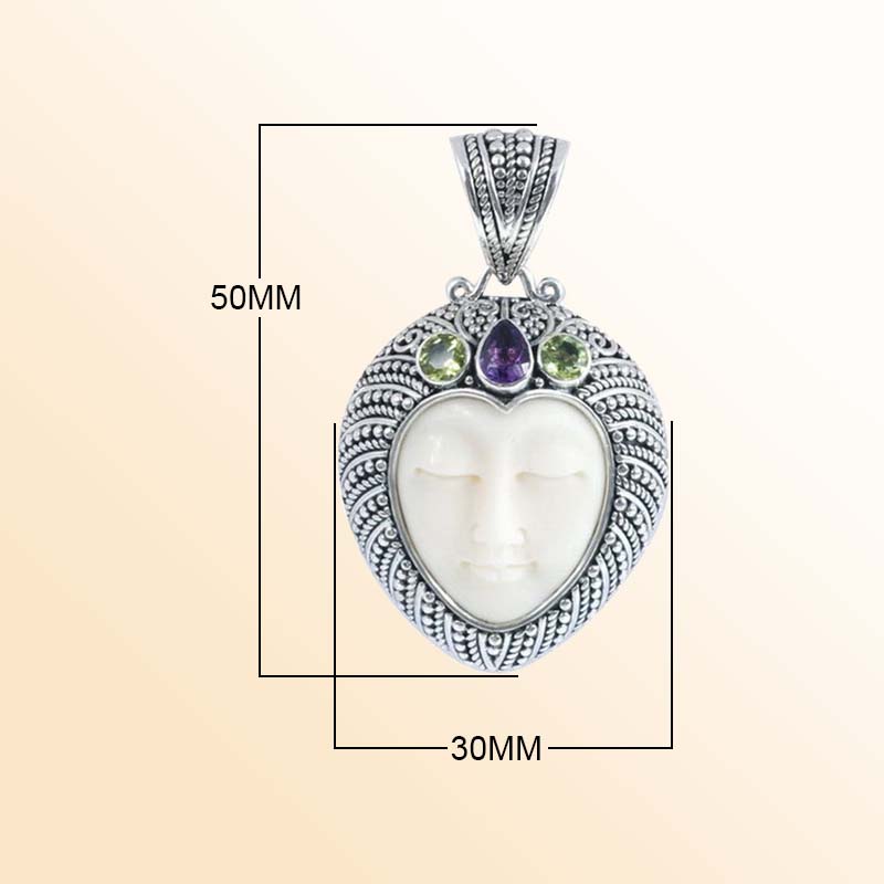 Balinese Sterling Silver Peridot Quartz Amethyst Quartz Bone Pendant With Artistic Heart Design.