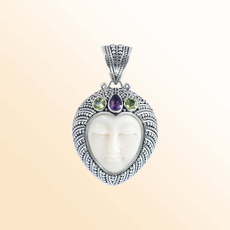 Balinese Sterling Silver Peridot Quartz Amethyst Quartz Bone Pendant With Artistic Heart Design.