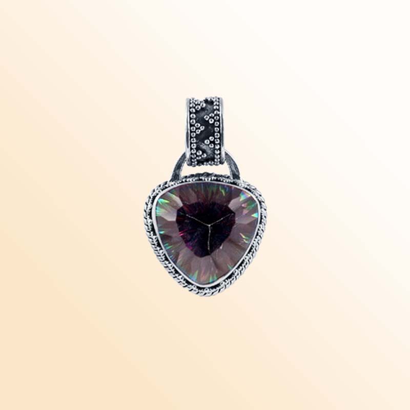 Balinese Sterling Silver Mystic Quartz Triangle Pendant With Artistic Detailing.