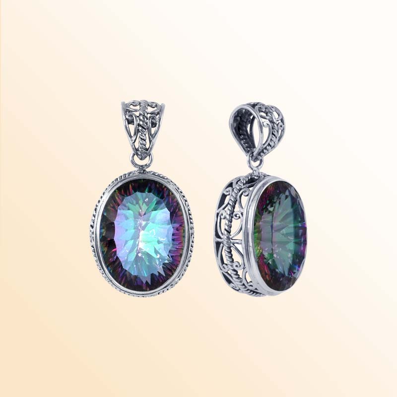 Balinese Sterling Silver Mystic Quartz Oval Pendant With Artistic Filigree Sides.