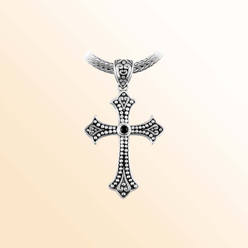 Handcrafted Sterling Silver Black Onyx Cross Pendant With Oxidized Filigree