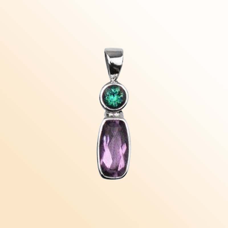 Handcrafted Sterling Silver Duo Pendant With Green Quartz And Amethyst Quartz