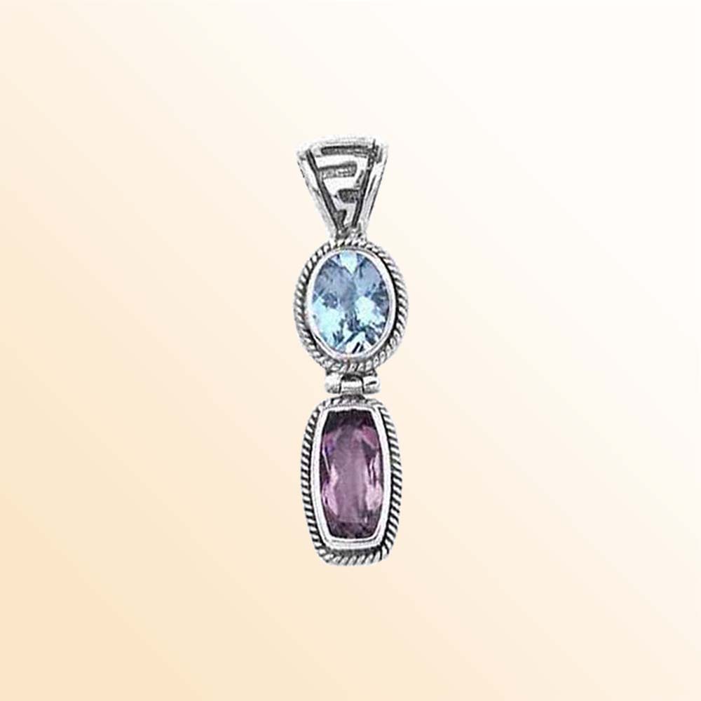 Handcrafted Sterling Silver Blue Topaz Quartz And Amethyst Quartz Rope Detail Pendant