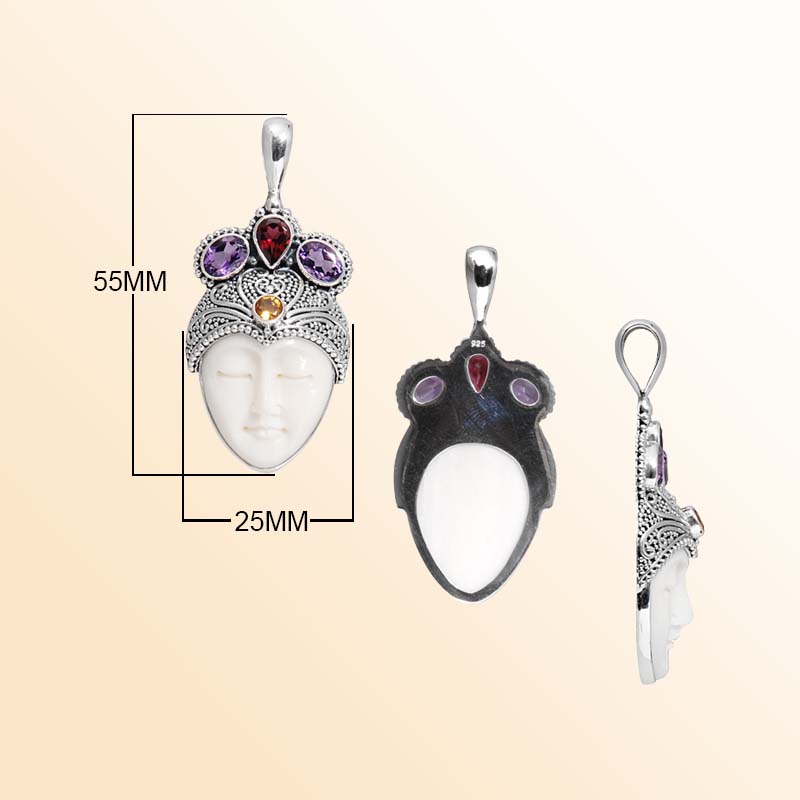 Handcrafted Sterling Silver Goddess Pendant With Bone Face And Multi Quartz Crown