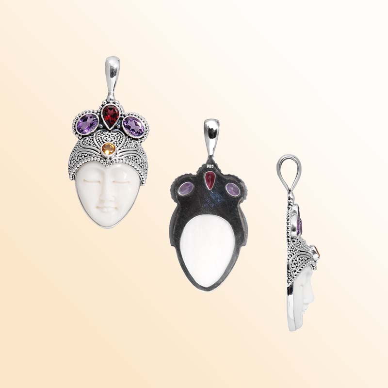 Handcrafted Sterling Silver Goddess Pendant With Bone Face And Multi Quartz Crown