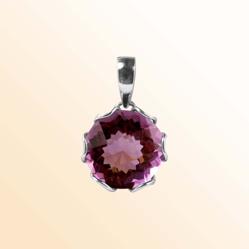 Handcrafted Sterling Silver Amethyst Quartz Round Pendant With Petal Prong Design
