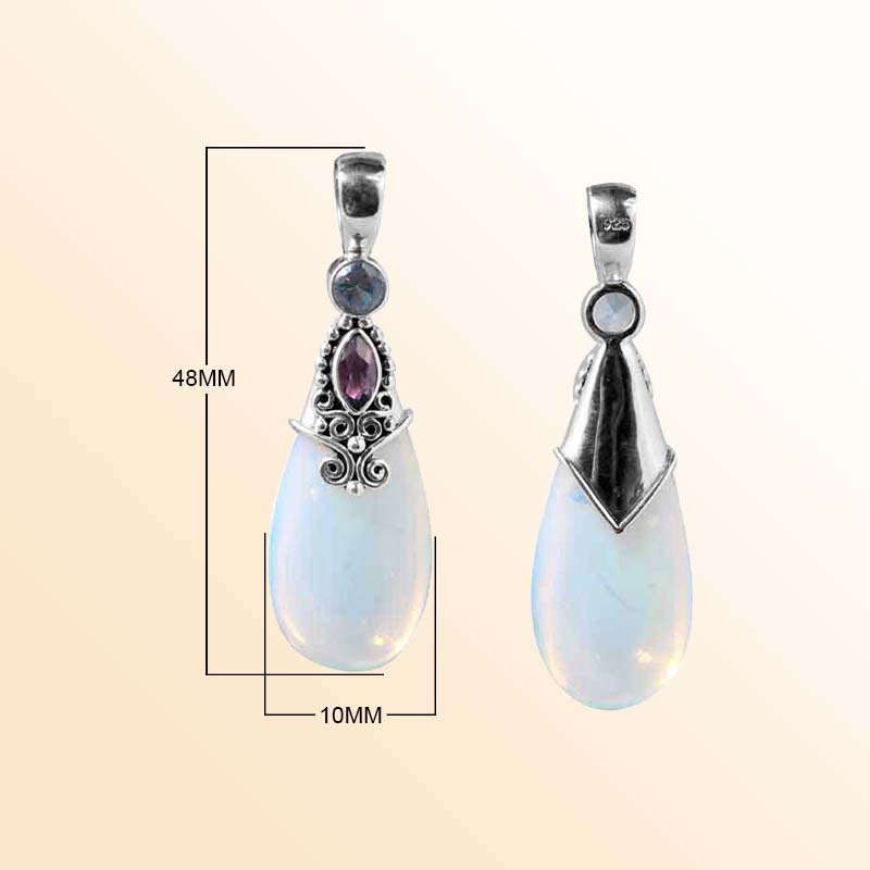 Sterling Silver Pendant With Blue Opalite, Blue Topaz & Amethyst QuartzTeardrop Design Handcrafted In Bali