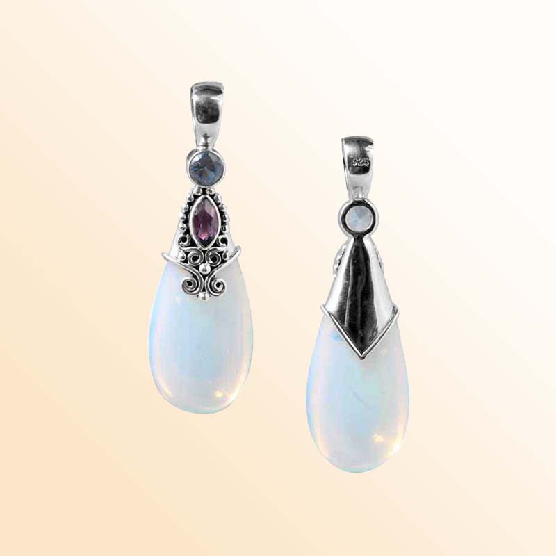 Sterling Silver Pendant With Blue Opalite, Blue Topaz & Amethyst QuartzTeardrop Design Handcrafted In Bali
