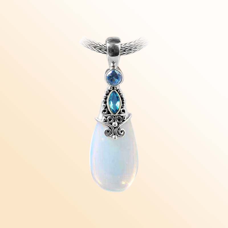 Handcrafted Sterling Silver Pendant With Blue Topaz Quartz And White Opalite Quartz Drop