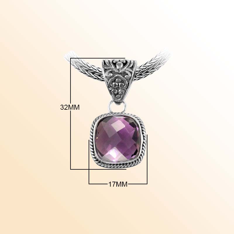 Handcrafted Sterling Silver Amethyst Quartz Cushion Pendant With Rope Frame And Ornate Bail