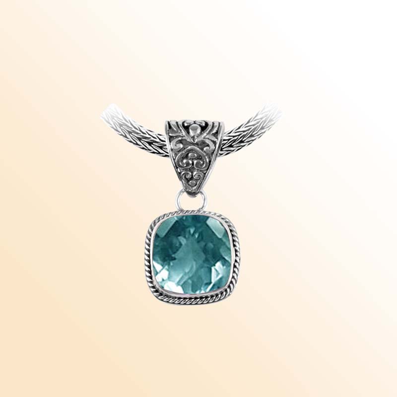 Handcrafted Sterling Silver Blue Topaz Quartz Cushion Pendant With Rope Frame And Ornate Balinese Bail