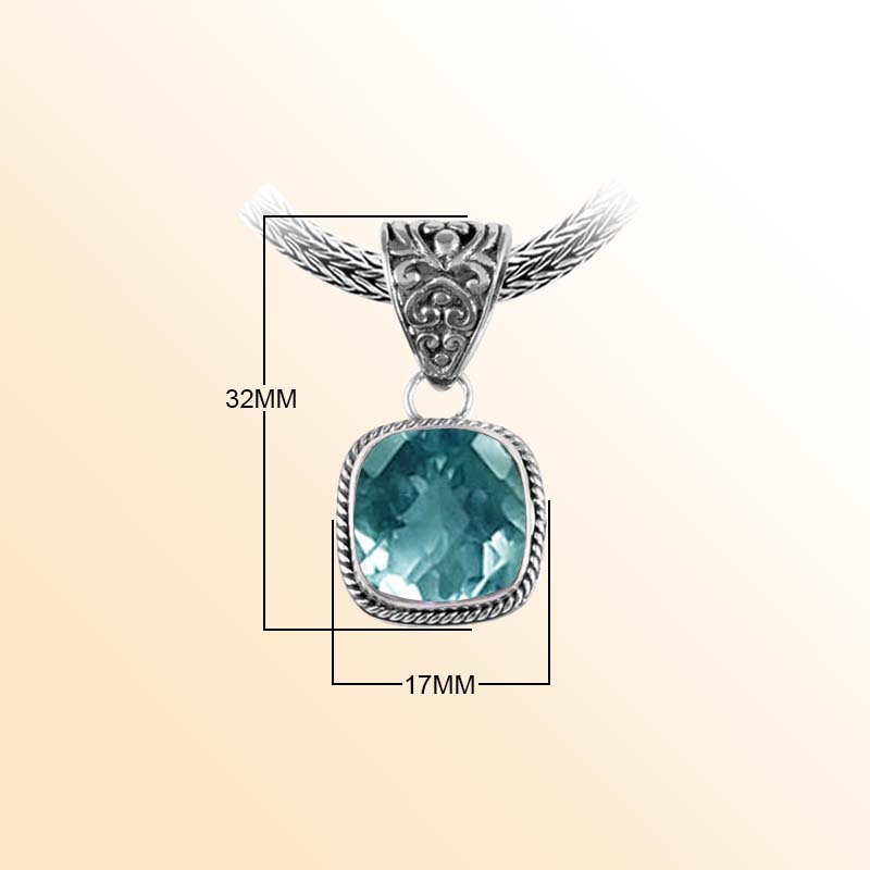 Handcrafted Sterling Silver Blue Topaz Quartz Cushion Pendant With Rope Frame And Ornate Balinese Bail