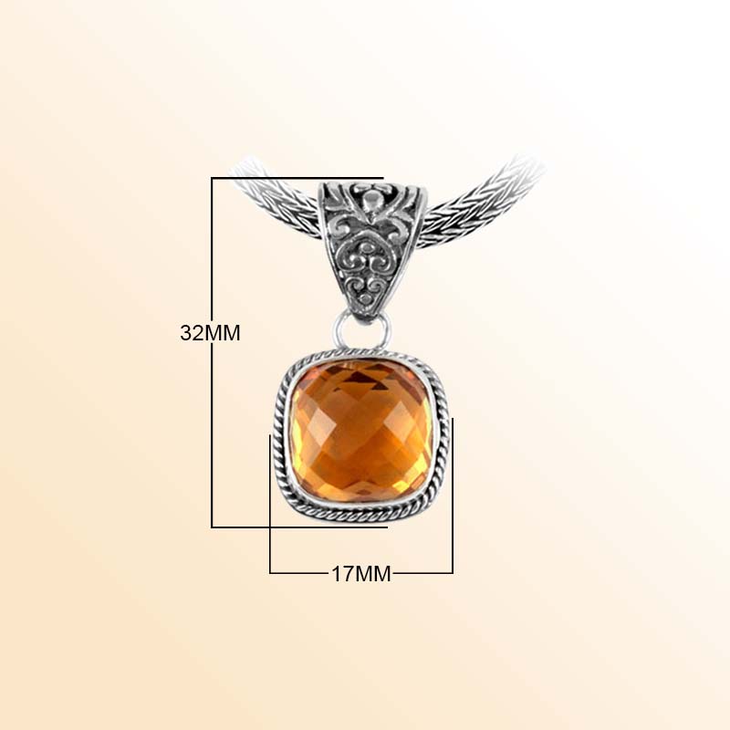 Handcrafted Sterling Silver Citrine Quartz Cushion Pendant With Rope Frame And Ornate Balinese Bail