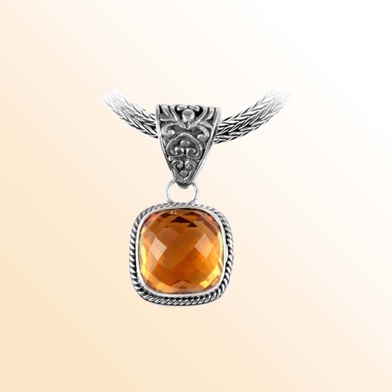 Handcrafted Sterling Silver Citrine Quartz Cushion Pendant With Rope Frame And Ornate Balinese Bail