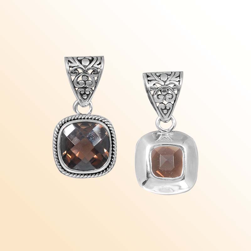 Handcrafted Sterling Silver Smoky Quartz Cushion Pendant With Rope Frame And Ornate Bail