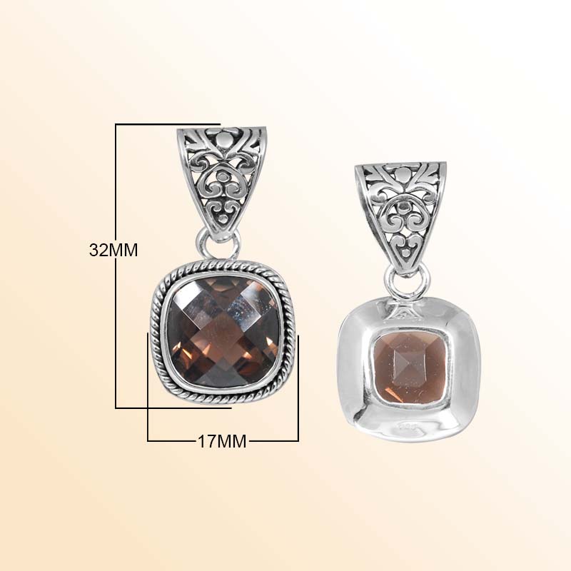 Handcrafted Sterling Silver Smoky Quartz Cushion Pendant With Rope Frame And Ornate Bail