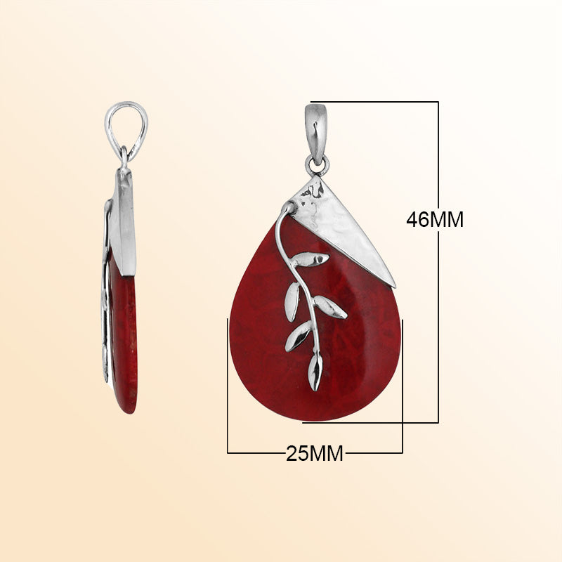 Handcrafted Sterling Silver Red Coral Teardrop Pendant With Hammered Top And Leaf Accent