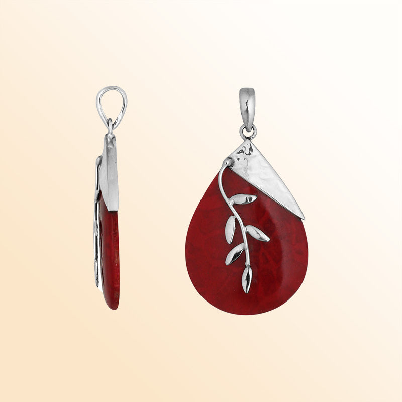 Handcrafted Sterling Silver Red Coral Teardrop Pendant With Hammered Top And Leaf Accent