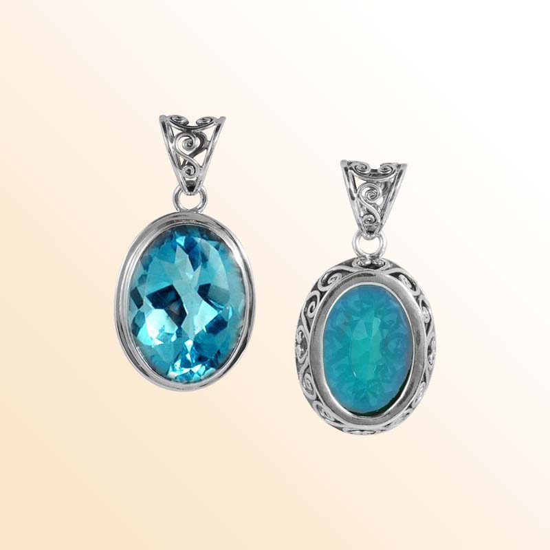 Artisan Sterling Silver Bali Pendant With Blue Topaz Quartz Oval Center