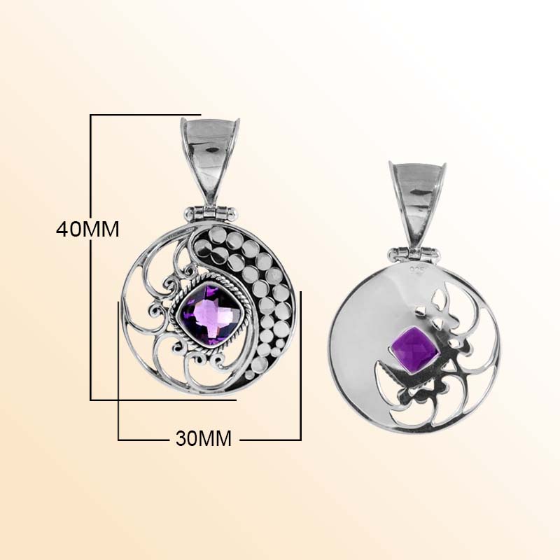 Artisan Sterling Silver Bali Pendant With Amethyst Quartz Cushion Center