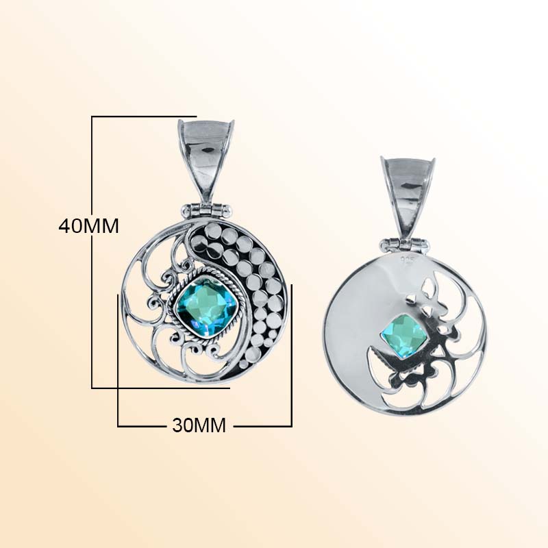 Artisan Sterling Silver Bali Pendant With Blue Topaz Quartz Cushion Center