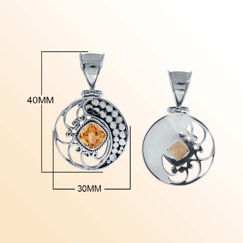 Artisan Sterling Silver Bali Pendant With Citrine Quartz Cushion Center