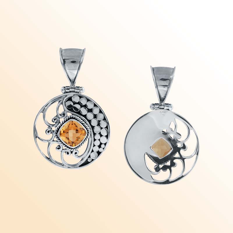Artisan Sterling Silver Bali Pendant With Citrine Quartz Cushion Center