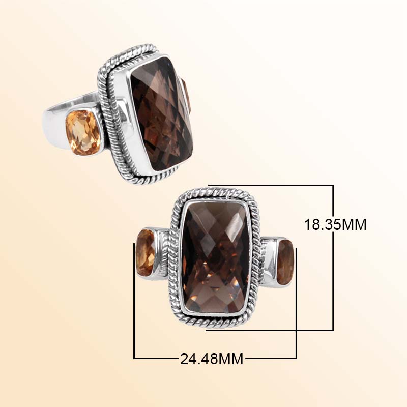 Sterling Silver ring with Smokey Quartz and Citrine Quartz handcrafted in Bali, Indonesia