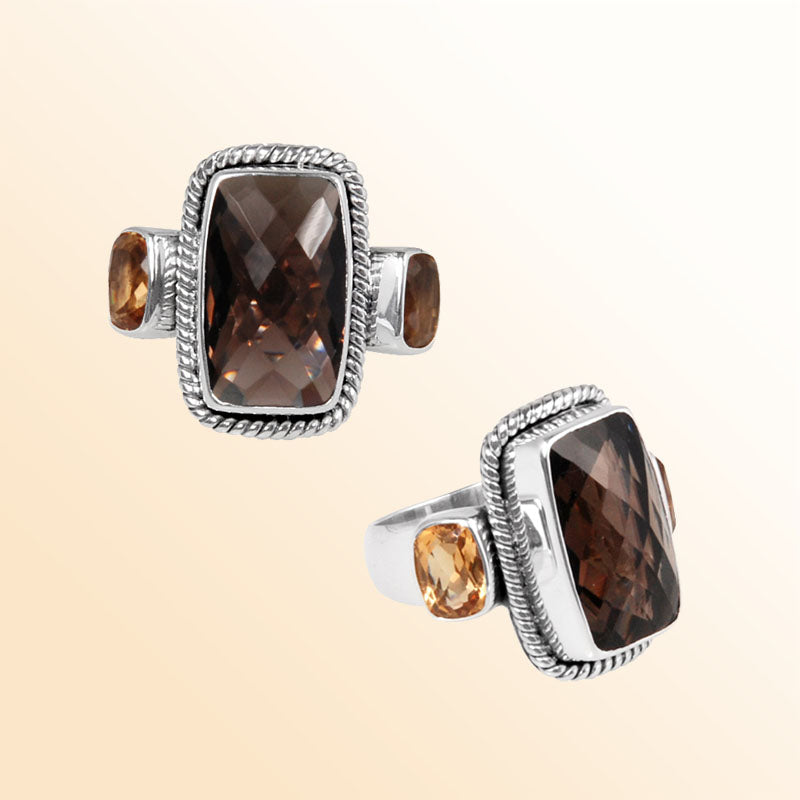 Sterling Silver ring with Smokey Quartz and Citrine Quartz handcrafted in Bali, Indonesia