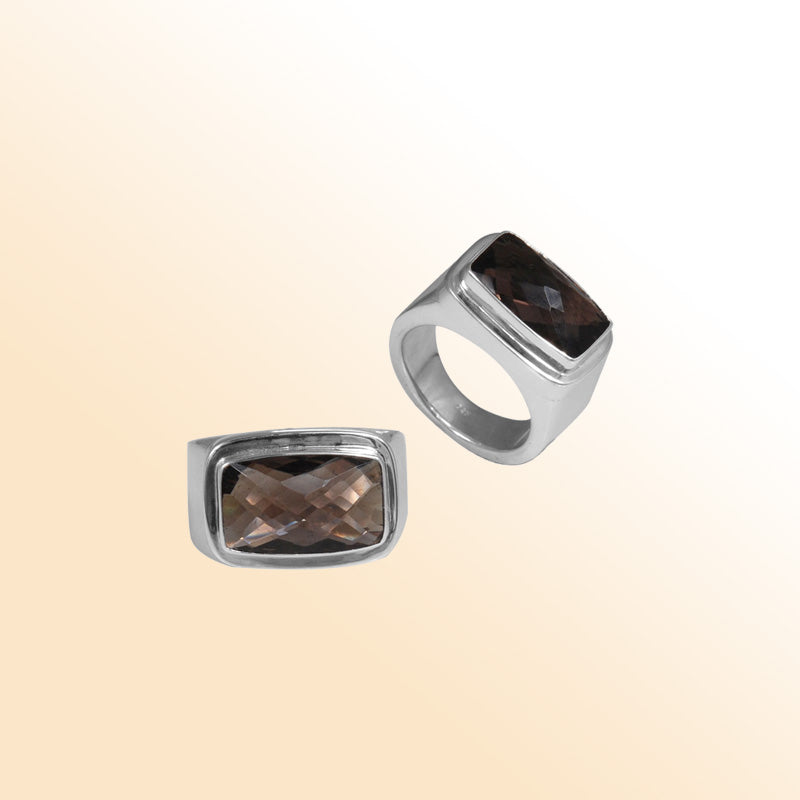 Sterling Silver beautiful ring with Smoky Quartz handcrafted in Bali, Indonesia with rectangular gemstone design