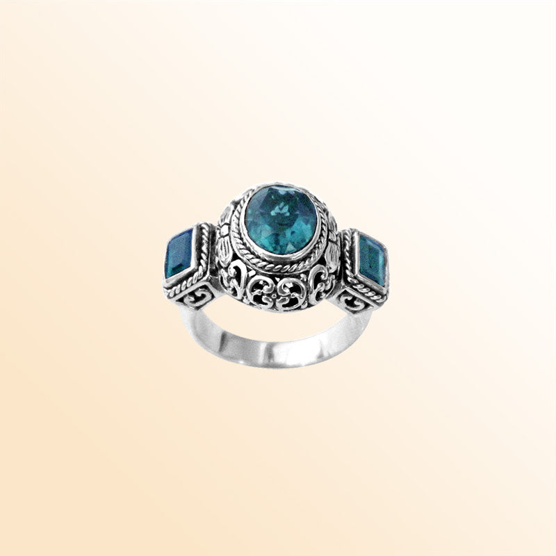 Sterling Silver beautiful ring with Blue Topaz Quartz handcrafted in Bali, Indonesia with elegant filigree design