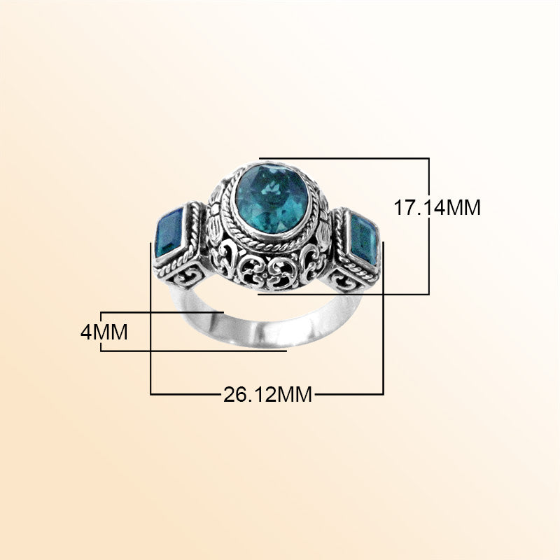 Sterling Silver beautiful ring with Blue Topaz Quartz handcrafted in Bali, Indonesia with elegant filigree design