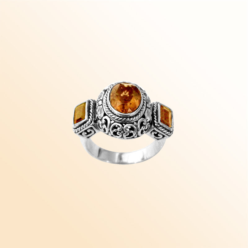 Sterling Silver beautiful ring with Citrine Quartz handcrafted in Bali, Indonesia with intricate filigree design