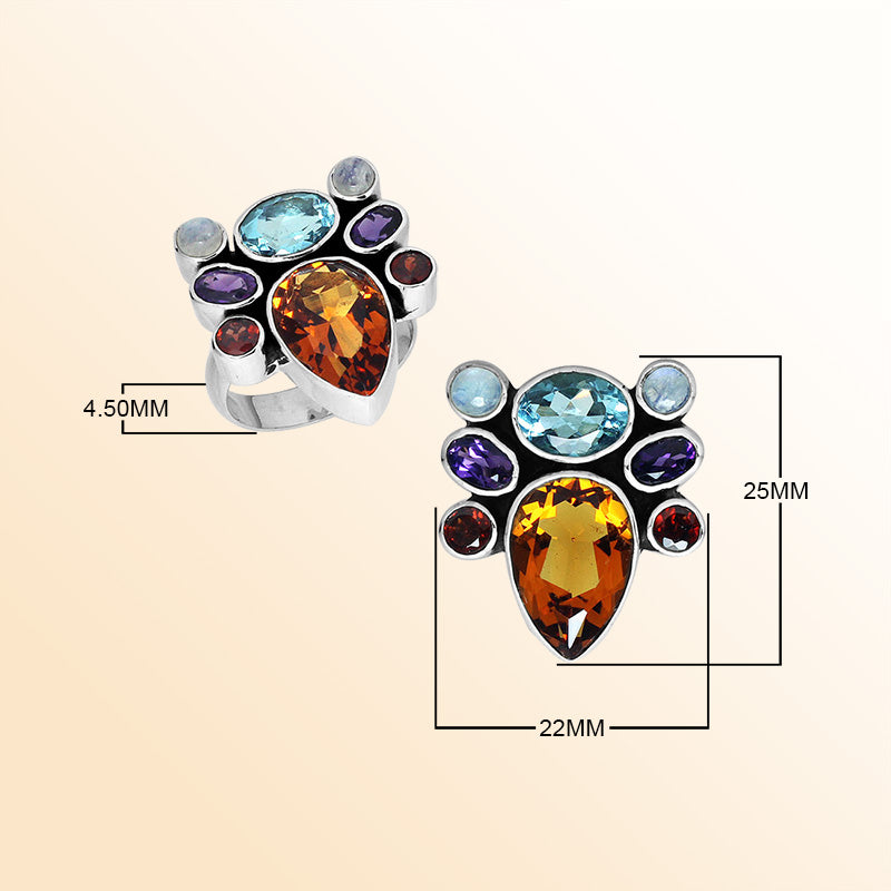 Sterling Silver beautiful multi-stone ring handcrafted in Bali, Indonesia with Blue Topaz, Amethyst, Citrine, Garnet, and Moonstone