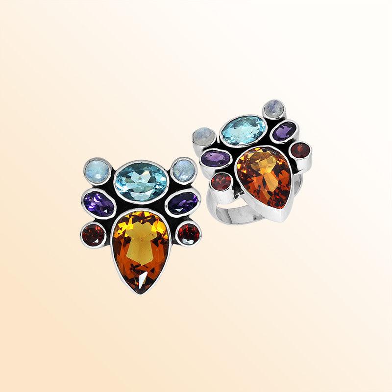 Sterling Silver beautiful multi-stone ring handcrafted in Bali, Indonesia with Blue Topaz, Amethyst, Citrine, Garnet, and Moonstone