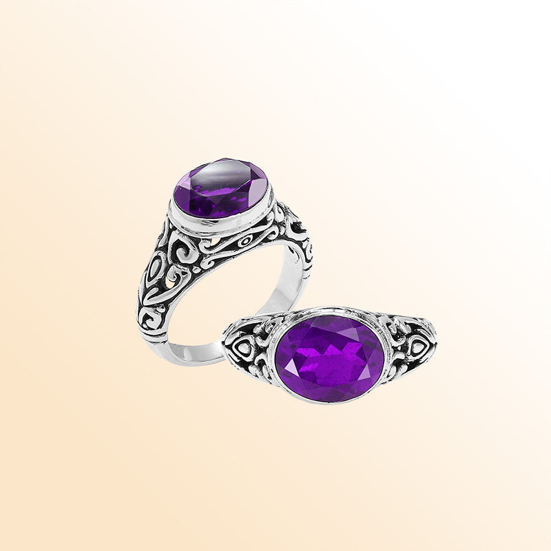 Sterling Silver beautiful ring with Amethyst Quartz handcrafted in Bali, Indonesia with ornate artisan design